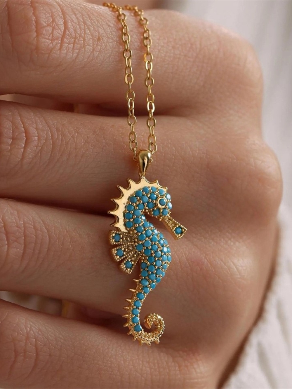 Anthropologie Gold Seahorse Necklace with Turquoise Accents